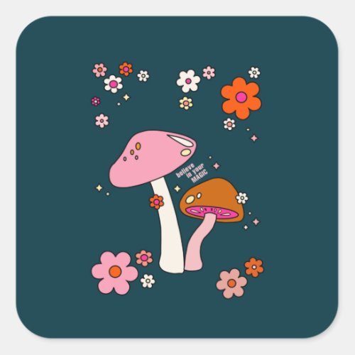 Retro 70s Mushrooms And Flowers Navy Blue Square Sticker