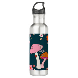 Retro 70s Mushrooms And Flowers Navy Blue Stainless Steel Water Bottle