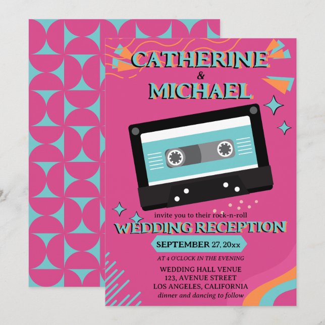Retro 70s Music Cassette Tape Groovy Fuchsia Fun  Invitation (Front/Back)