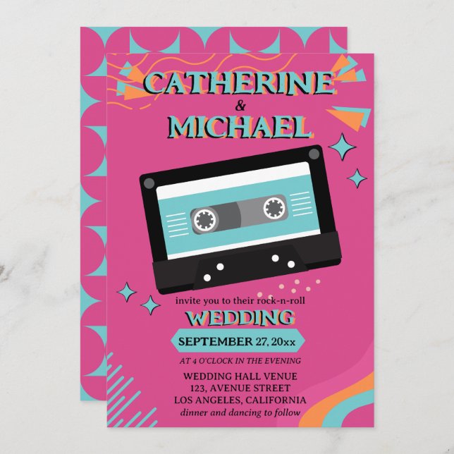 Retro 70s Music Cassette Tape Groovy Fuchsia Fun Invitation (Front/Back)