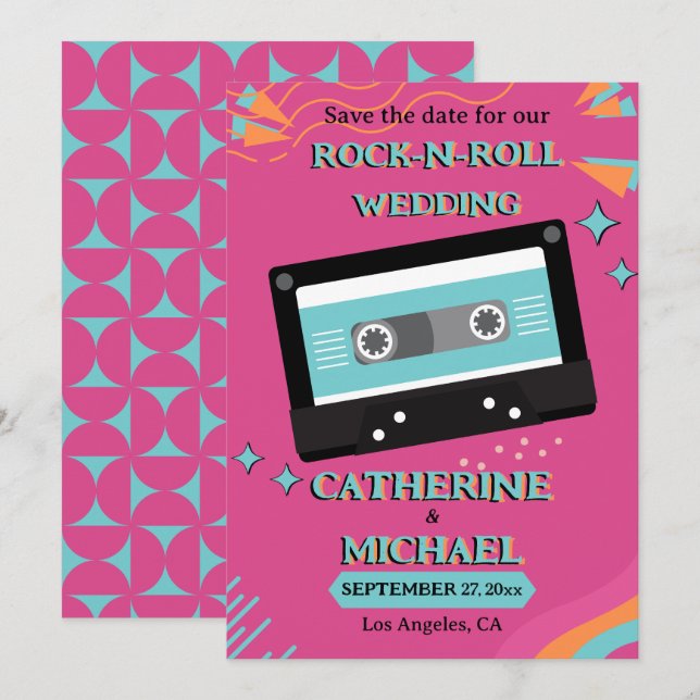 Retro 70s Music Cassette Tape Groovy Fuchsia Fun Save The Date (Front/Back)