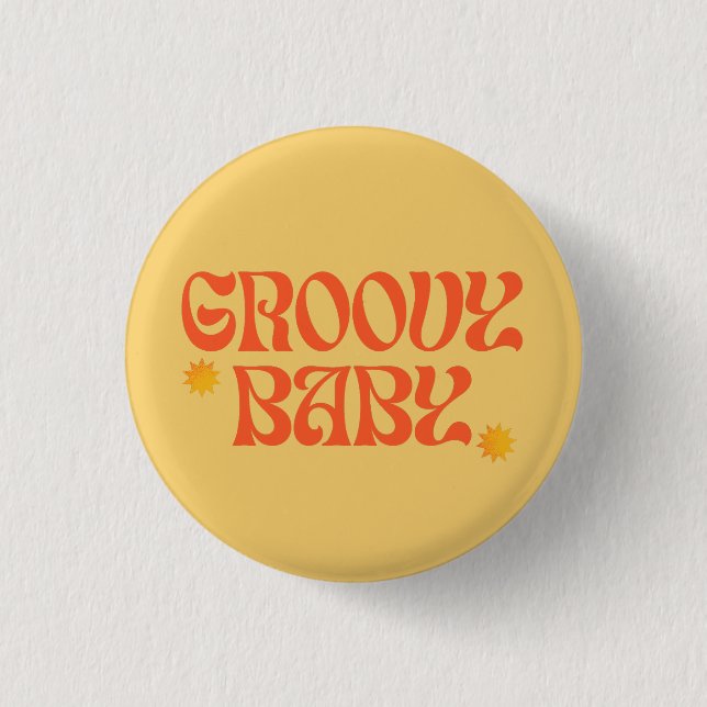 Retro 70s Mustard Orange Hippie Groovy Baby Button (Front)