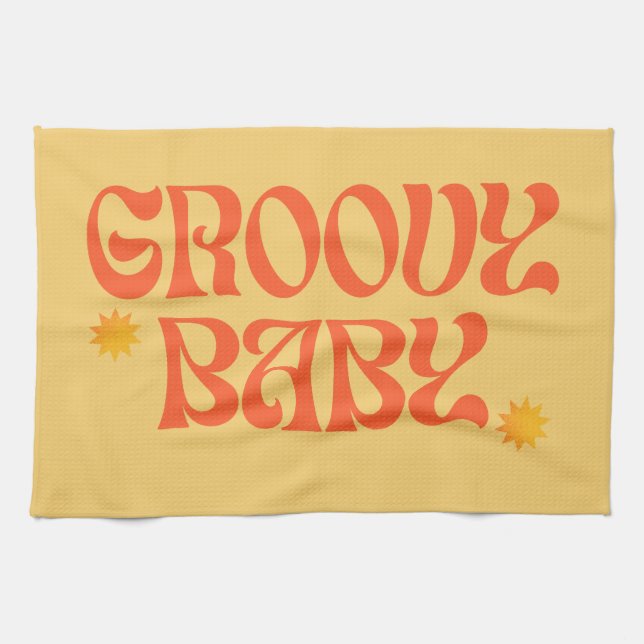 Retro 70s Mustard Orange Hippie Groovy Baby Kitchen Towel (Horizontal)