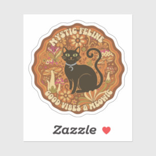 Retro 70s Mystic Feline Groovy Black Cat & Mushroo Sticker