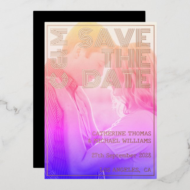 Retro 70s Name Monogram And Photo Wedding  Foil Invitation (Front/Back)