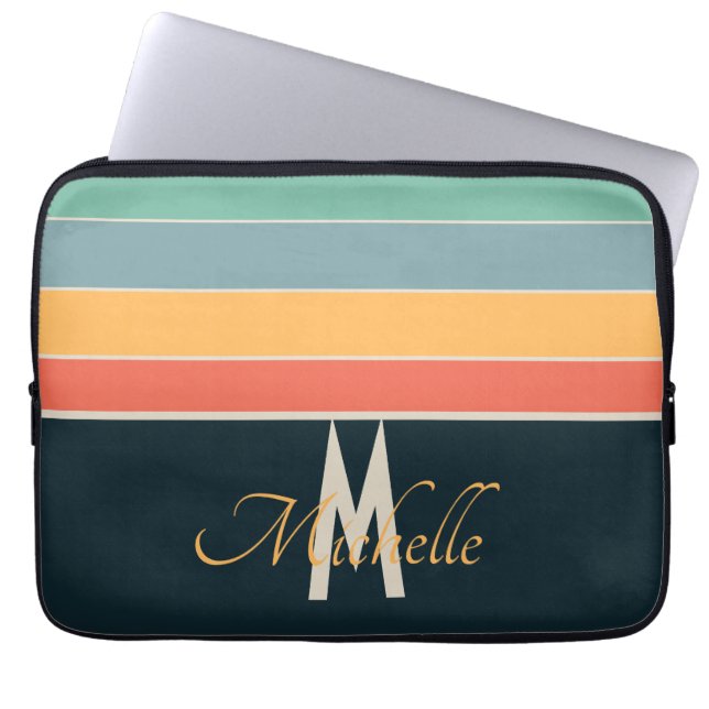 Retro 70s Navy Blue & Pink Stripes Custom Name Laptop Sleeve (Front)