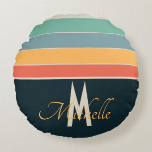 Retro 70s Navy Blue & Pink Stripes Custom Name Round Pillow