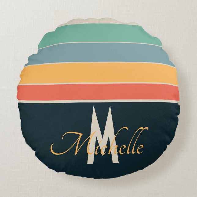 Retro 70s Navy Blue & Pink Stripes Custom Name Round Pillow (Front)