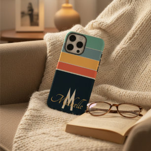 Retro 70s Navy Blue Pink & Yellow Stripes Monogram iPhone 16 Pro Max Case