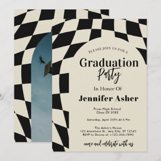 Retro 70s Navy Checkered Arch Photo Graduation Invitation