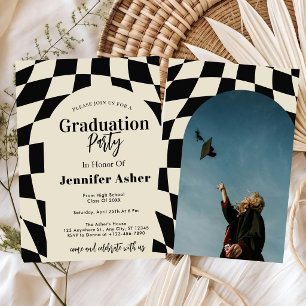 Retro 70s Navy Checkered Arch Photo Graduation Invitation