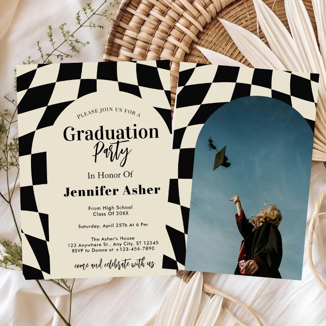 Retro 70s Navy Checkered Arch Photo Graduation Invitation (Creator Uploaded)