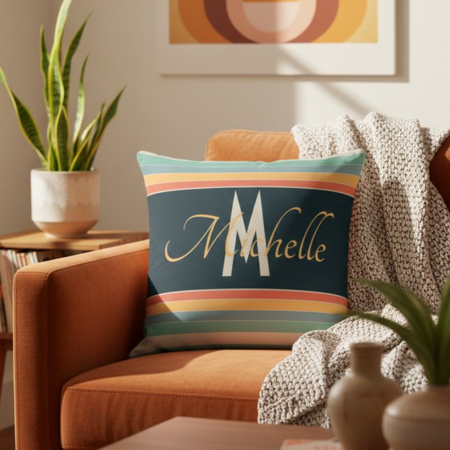 Retro 70s Navy & Teal Striped Mustard Custom Name Throw Pillow (Creator Uploaded)