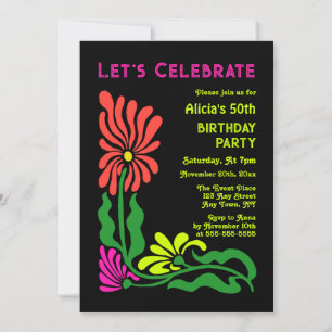 Retro 70s Neon Groovy Psychedelic Flower Birthday Invitation