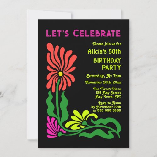 Retro 70s Neon Groovy Psychedelic Flower Birthday Invitation