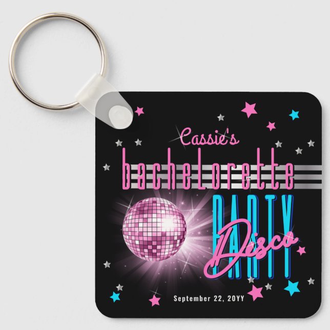 Retro 70's Neon Look Disco Ball Bachelorette Keychain (Front)