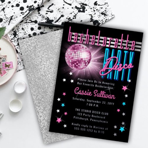 Retro 70s Neon Look Disco Ball Bachelorette Party Foil Invitation