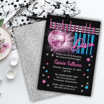 Retro 70's Neon Look Disco Ball Bachelorette Party Invitation by holidayhearts at Zazzle