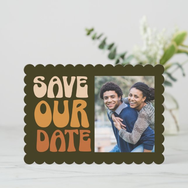 Retro 70s Olive Mustard Scalloped Photo Wedding  Save The Date (Standing Front)
