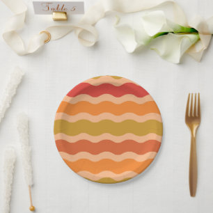 Retro 70s orange red green Groovy Waves Paper Plates