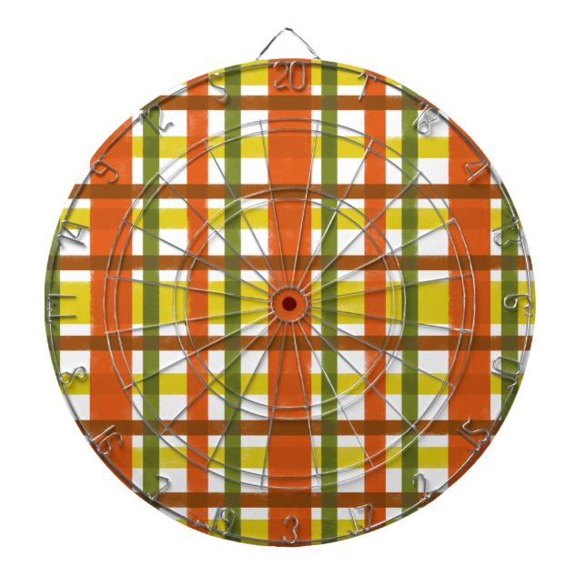 Retro 70s Orange Yellow Plaid Dartboard With Darts (Front)