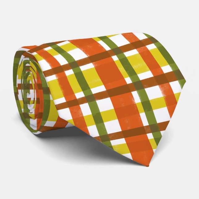 Retro 70s Orange Yellow Plaid Neck Tie (Rolled)