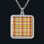 Retro 70s Orange Yellow Plaid Silver Plated Necklace<br><div class="desc">This funky, original 70s-inspired design is made to look like groovy 1970s or late 1960s vintage plaid in shades of orange, gold yellow, moss green and red-brown on white. The seamless checkered pattern is slightly distressed so it looks like it has been painted on. This is a cool, old school...</div>
