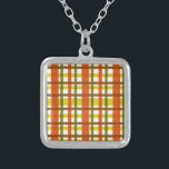 Retro 70s Orange Yellow Plaid Silver Plated Necklace<br><div class="desc">This funky, original 70s-inspired design is made to look like groovy 1970s or late 1960s vintage plaid in shades of orange, gold yellow, moss green and red-brown on white. The seamless checkered pattern is slightly distressed so it looks like it has been painted on. This is a cool, old school...</div>