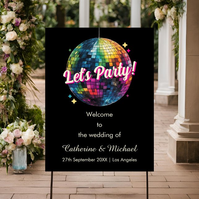 Retro 70's Party Disco Ball Sparkle Glam Wedding  Foam Board (Front view retro 70s disco ball wedding dance floor wedding after party vintage party Welcome Sign)
