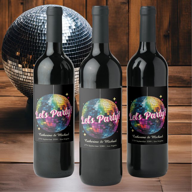 Retro 70's Party Disco Ball Sparkle Glam Wedding  Wine Label (Front view retro 70s disco ball wedding country music retro vibes wedding fun nightlife wine label)