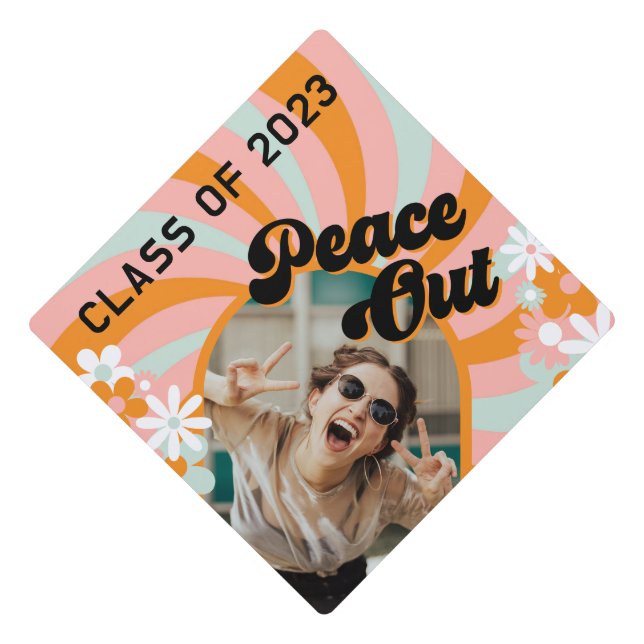 Retro 70s Peace Out Photo Graduation Cap Topper (Front)