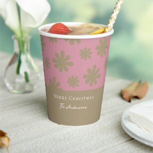 Retro 70s Pink and Gold Floral Merry Christmas Paper Cups