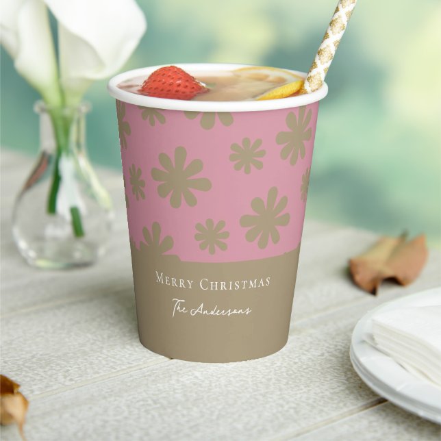 Retro 70s Pink and Gold Floral Merry Christmas  Paper Cups (Insitu)