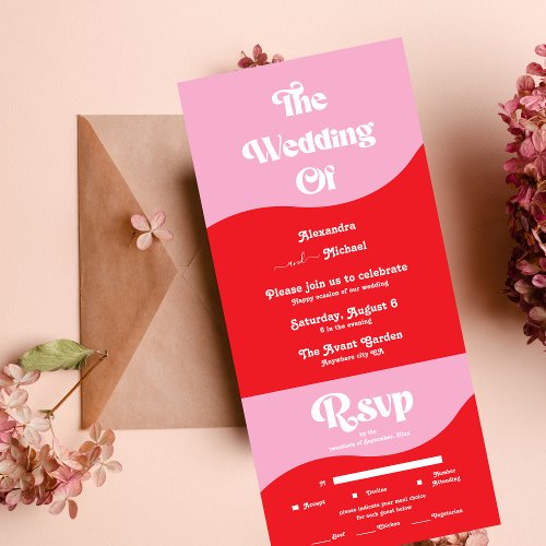 Retro 70s Pink and Red Neon Wedding All In One Invitation