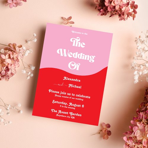 Retro 70s Pink and Red Neon Wedding Invitation