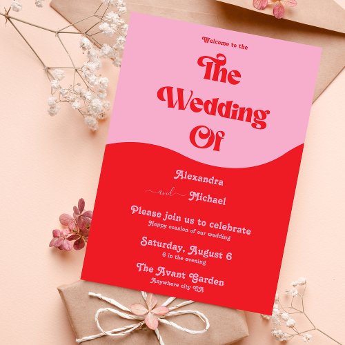 Retro 70s Pink and Red Neon Wedding Invitation