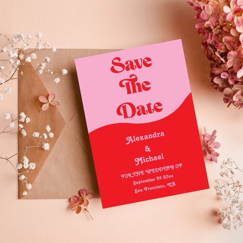 Retro 70s Pink and Red Neon Wedding Save The Date