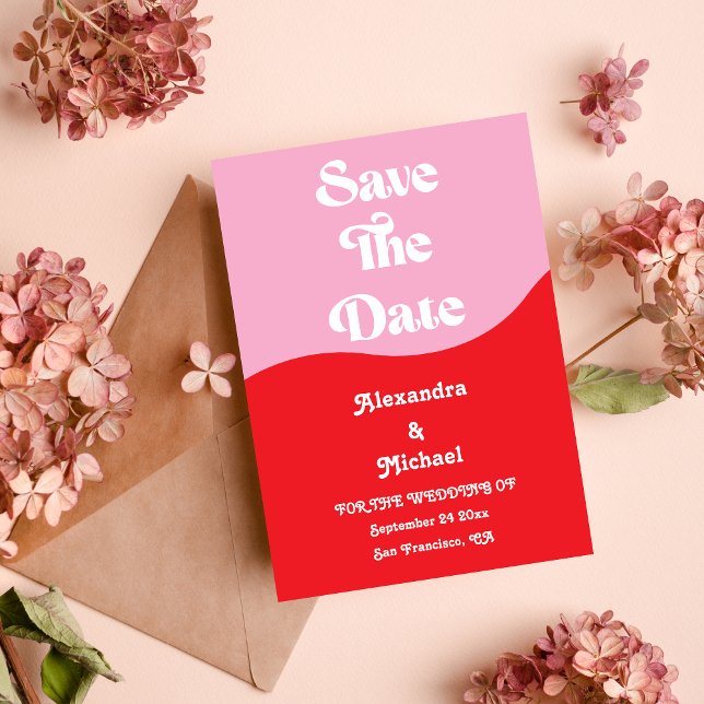 Retro 70s Pink and Red Neon Wedding Save The Date (Creator Uploaded)