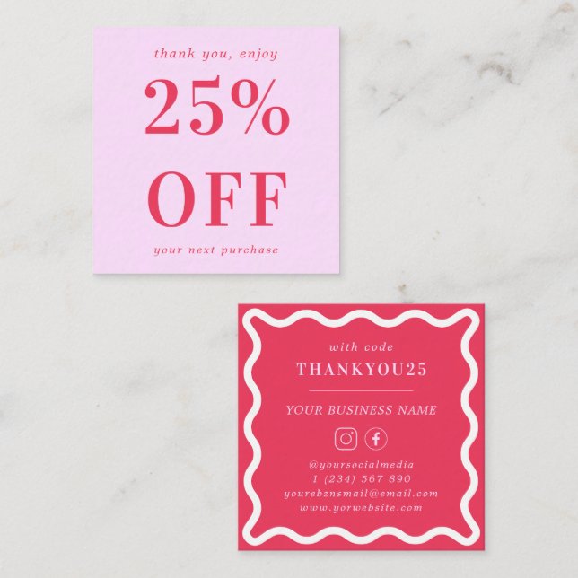 Retro 70s Pink and Red Wavy Border Small Business Discount Card (Front/Back)