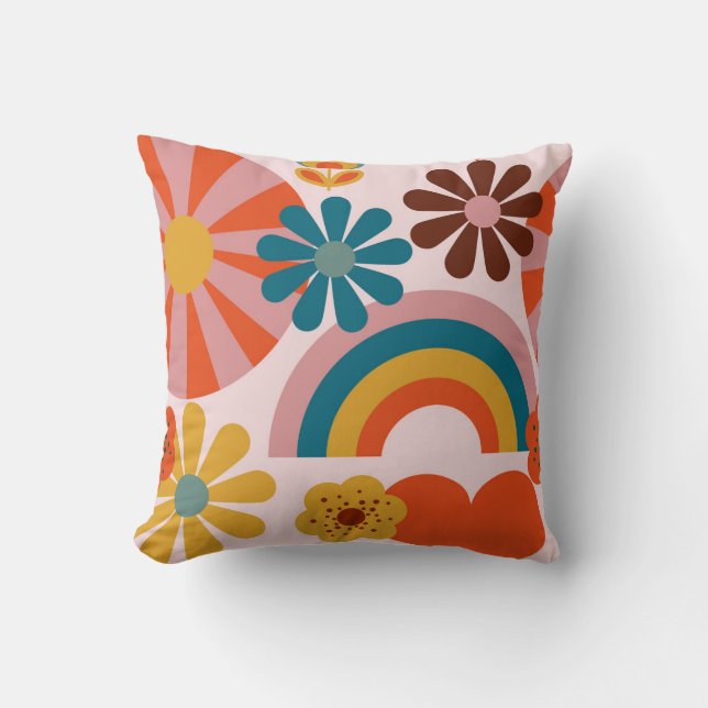 Retro 70's pink floral, rainbow and heart motifs  throw pillow (Front)