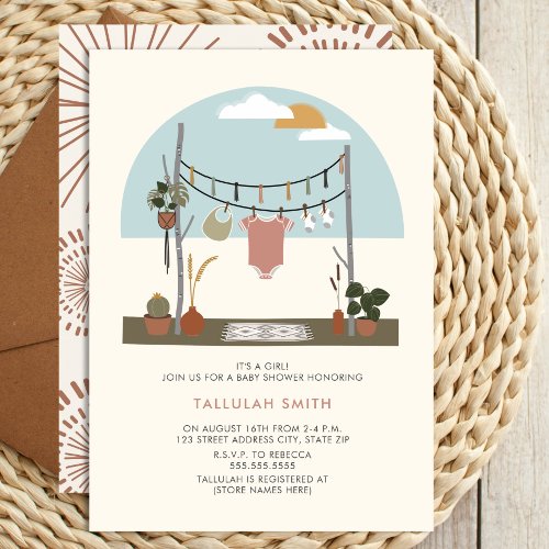 Retro 70s Plants Clothesline Baby Shower Girl Invitation