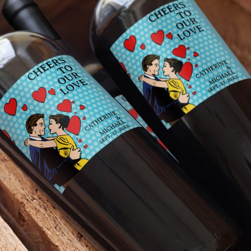 Retro 70s Pop Art Comic Book Romantic Fun Wedding Wine Label