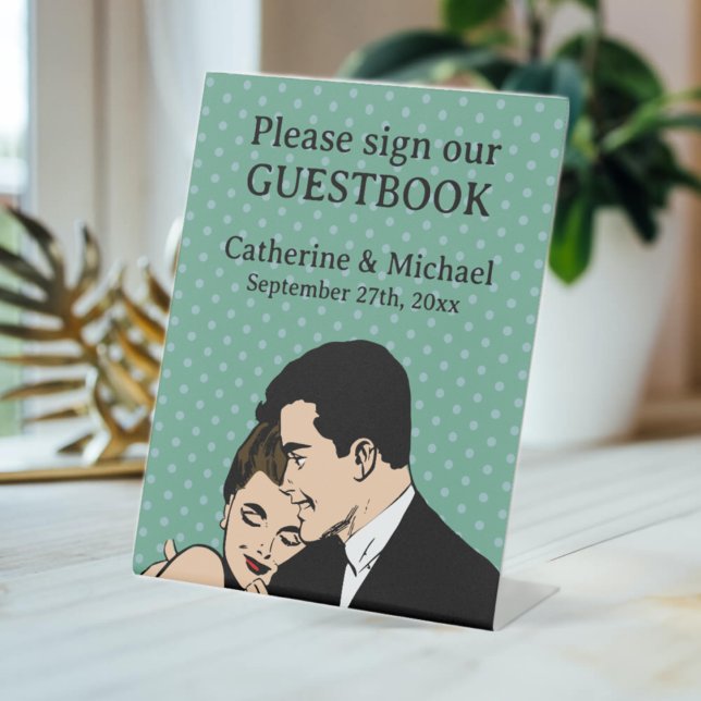 Retro 70's Pop Art Comic Book Romantic Wedding  Pedestal Sign (Creator Uploaded)