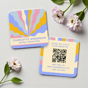Retro 70s QR Code Colorful Abstract Rays Square Business Card