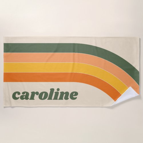 Retro 70s Rainbow Green Orange Personalized Name Beach Towel