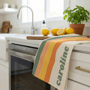 Retro 70s Rainbow Green Orange Personalized Name Kitchen Towel