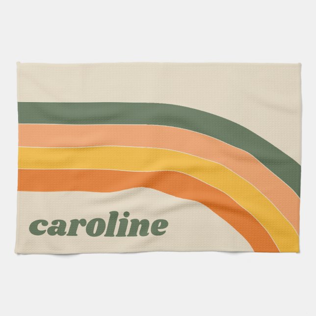 Retro 70s Rainbow Green Orange Personalized Name Kitchen Towel (Horizontal)