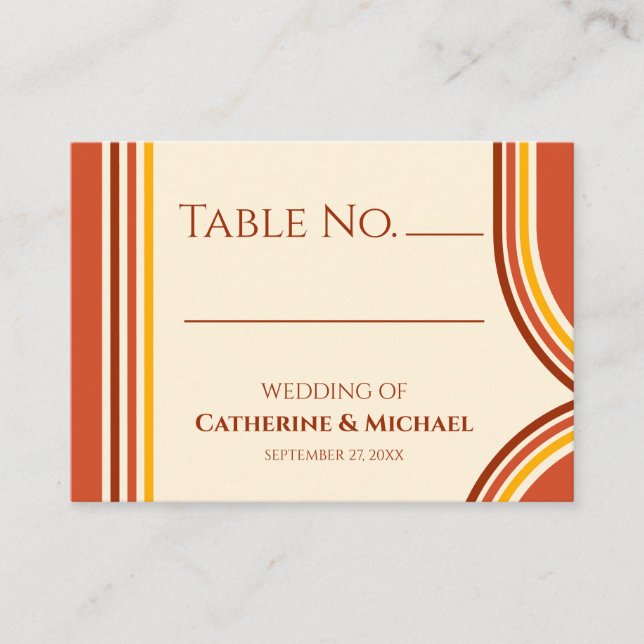 Retro 70s Rainbow Groovy Terracotta Orange Wedding Place Card (Front)