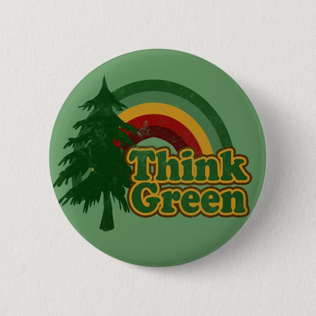 Retro 70s Rainbow, Think Green Pinback Button (Front)