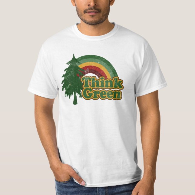 Retro 70s Rainbow, Think Green T-Shirt (Front)